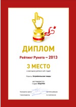 3 место в Рейтинг Рунета – 2013. Отрасль: Потребительские товары.